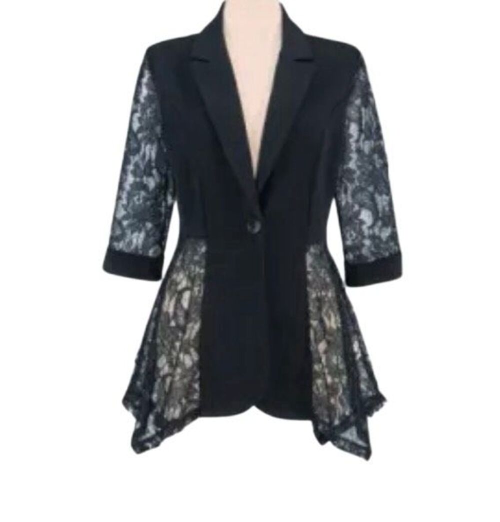 The Pyramid Collection Lace Inset Single Button Blazer Jacket Black 3X NEW